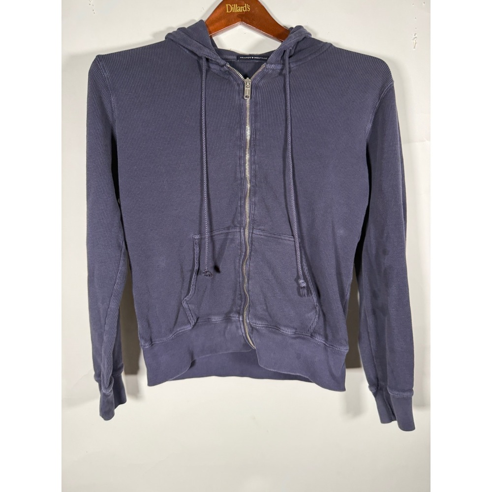 Brandy Melville Waffle Knit Zip Up Hoodie Navy Blue Thermal MDA110Z-Z39XS